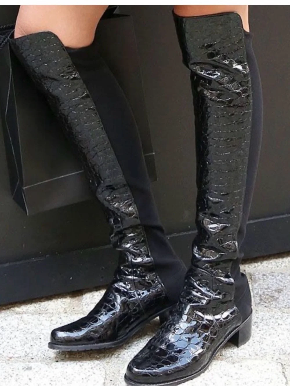 Stuart Weitzman Croc Mock Over-the-Knee Boots Black Size 6.5